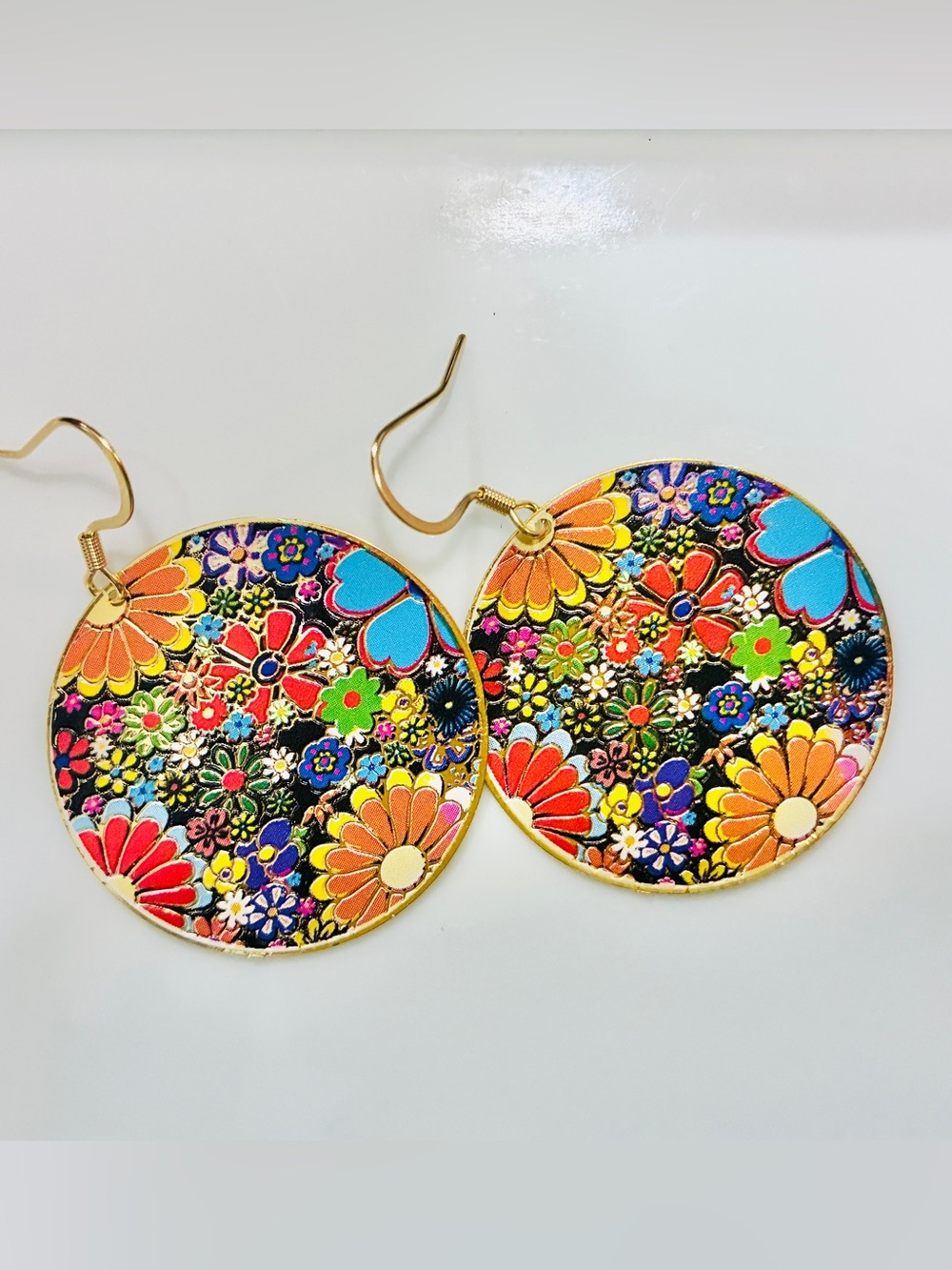 Colorful copper round flower earrings, mid century modern style